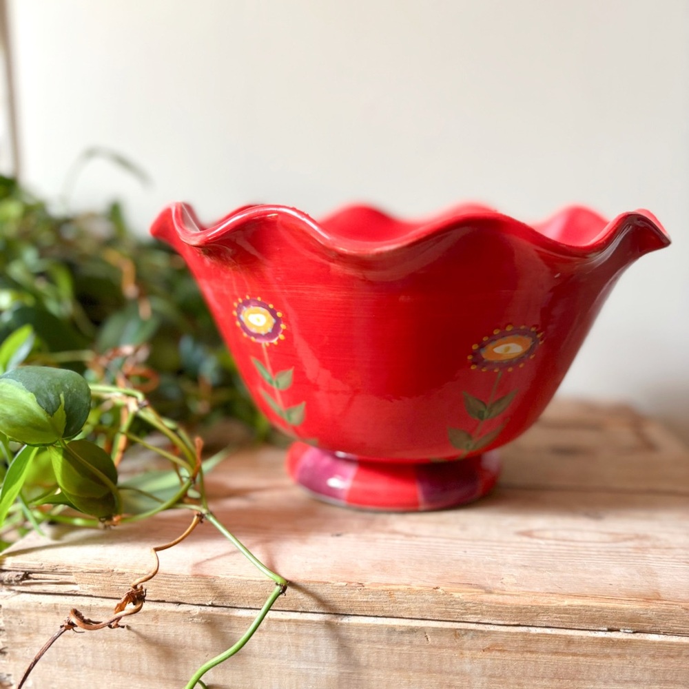 Vintage Vibrant Floral Hand Painted Italian Style Ceramic Artisan Pottery Bowl - Picture 2 of 6